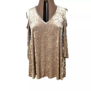 JM. Sz L. Champagne Velour Tunic. Cold Shoulder. USA. Stretch. Rayon. B35